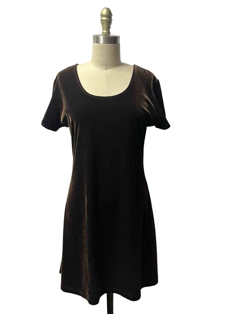 Vtg 90s Dark Brown Stretch Velour Fit Flare Skater Dress SZ M Grunge Indie